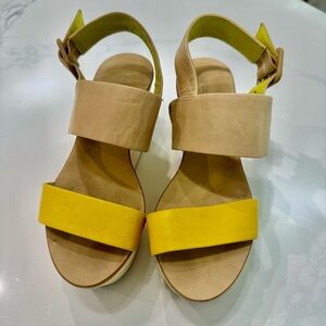 BCBGeneration Yellow and Tan Sandals with Modern Two-Strap Design